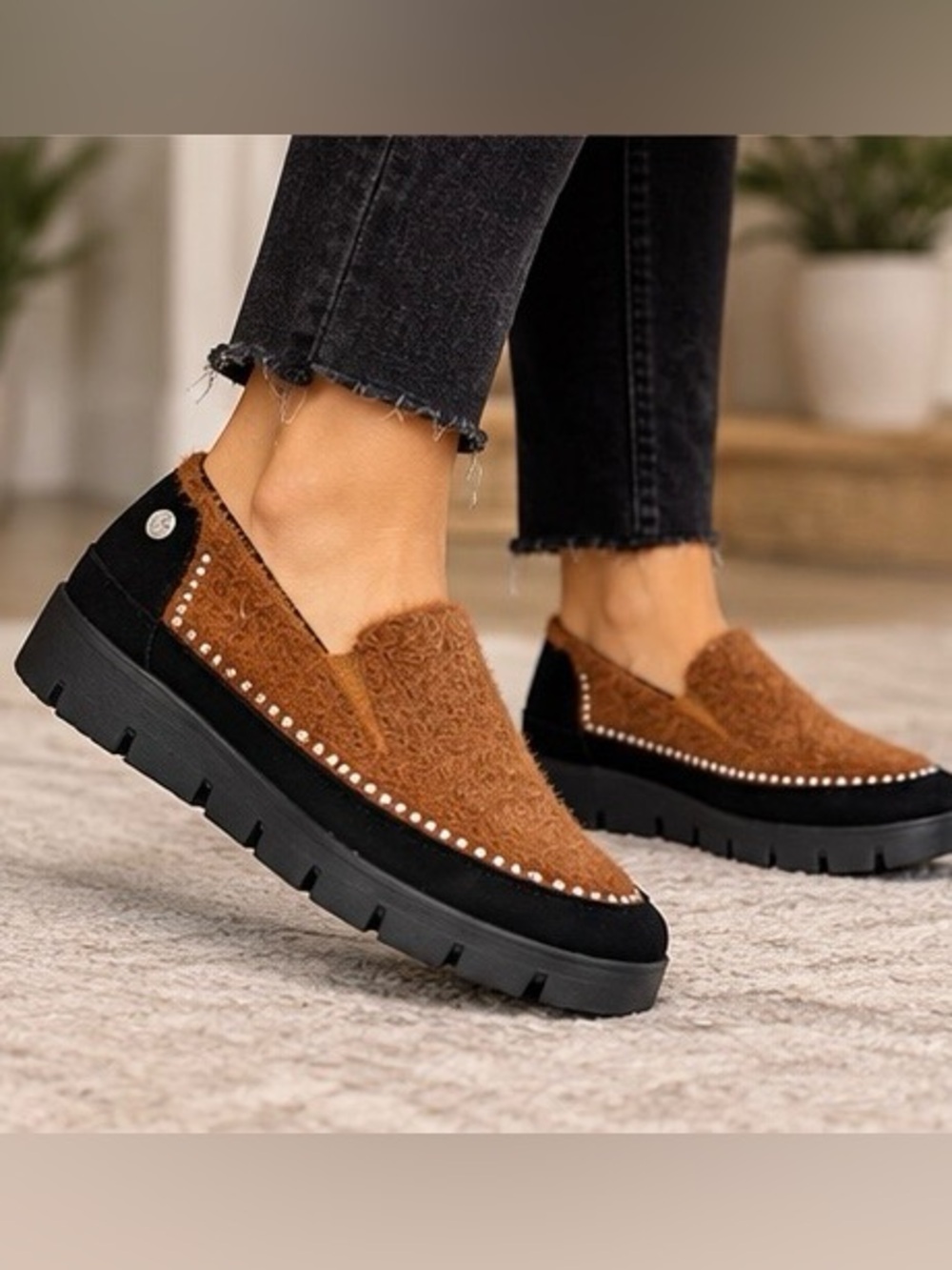 Bernie Mev. New York Vegan Slip-On Loafers - Brown & Black with Rhinestone Detai